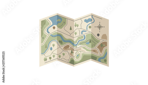 Folded paper adventure map with detailed rivers, forests, mountains, roads, and a classic compass rose icon.