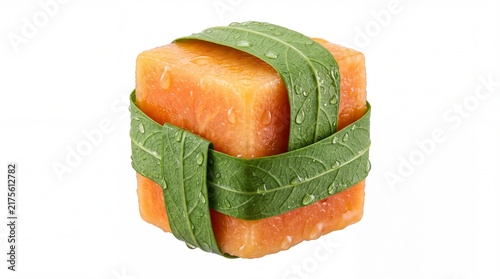 Fresh orange papaya cubes wrapped in green leaves with water drops