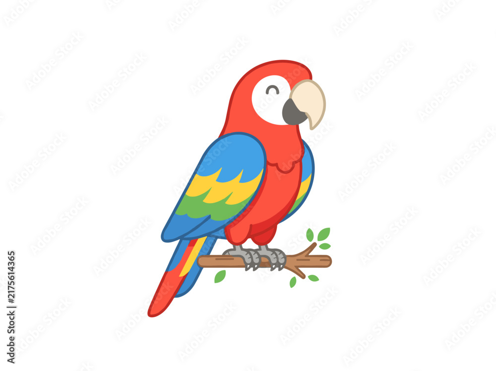 Obraz premium Colorful cartoon macaw parrot perched on a tree branch vector illustration