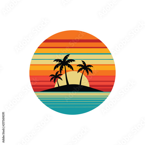 Retro Tropical Sunset with Palm Trees and Ocean Vector Illustration