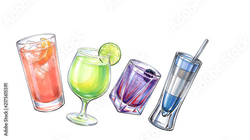 Vibrant mocktail beverage collection, expertly rendered with marker artwork, isolated on a clean transparant background.