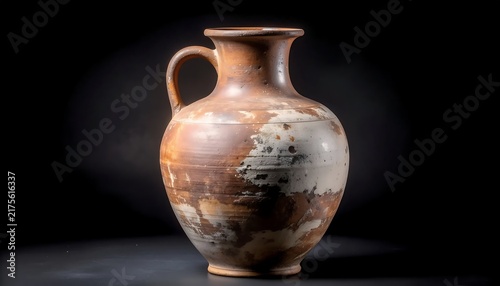 Ancient terracotta vase with rustic texture and handle on dark background