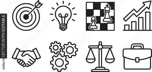 Business strategy and management line icon set including target bulb chess board and financial growth chart for corporate success planning designs.