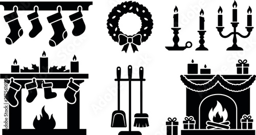 A collection of black silhouette icons featuring Christmas fireplaces, stockings, candles, and festive wreaths.