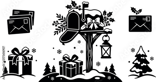 Black and white vector icon set featuring a snowy mailbox, Christmas gifts, and holiday mail elements.