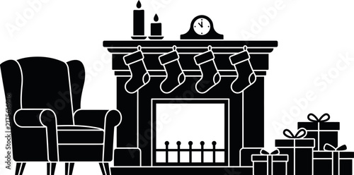 A festive Christmas fireplace scene with stockings, armchair, and wrapped gifts in a clean black silhouette style.