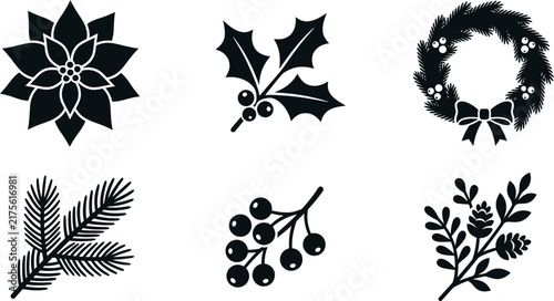 Christmas Winter Holiday Icon Set with Poinsettia Holly Wreath and Pine Branches