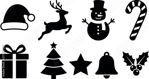 Christmas holiday icon set with Santa hat, reindeer, snowman, and festive seasonal symbols.