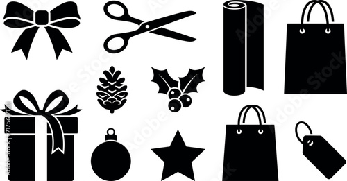 Christmas gift wrapping icons set with holiday shopping elements and festive decorations.