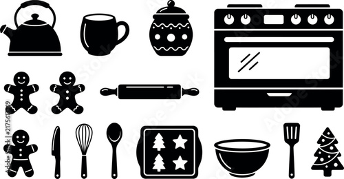 A collection of black silhouette icons featuring Christmas baking tools, kitchenware, and festive gingerbread cookies.