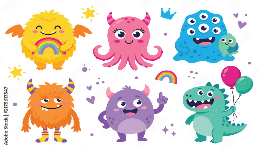 Fototapeta premium Cute colorful monsters and aliens collection vector illustration set featuring funny friendly creatures with rainbow balloons and stars
