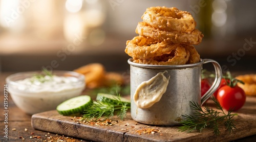 Stacked golden onion rings in metal mug with dipping sauce cucumber and tomatoes on wooden board