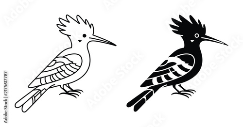 Obraz na plátně Hoopoe Bird icons, elegant outline and black silhouette designs featuring the di