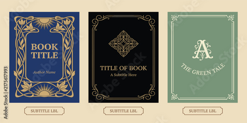 Classic vintage book cover and spine with gold and black art deco, art nouveau ornament, decorative frame, elegant retro style for classic publications, posters, artistic layouts