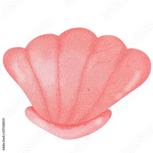 A cute textured watercolor pink seashell illustration with fan-like scallop ridges. Perfect for summer invitations, mermaid party themes, digital stickers