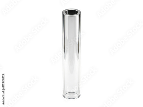 A transparent glass cylinder with reflective surface and slight curvature rests on a transparent background.