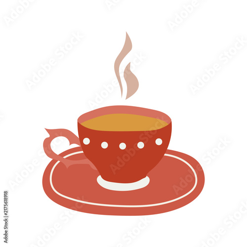 A red vintage cup of hot tea on a plate. A hand-drawn style vector clip art element on a transparent background.