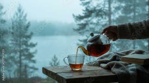 Glass Teapot Pouring Herbal Tea into Cup by Foggy Pine Forest Lake Window