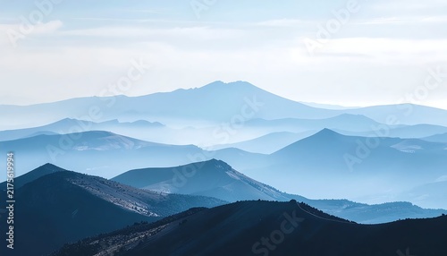 Misty mountain landscape with layered blue ridges at sunrise