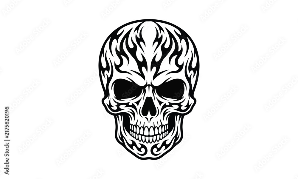 Fototapeta premium Black and White Human Skull Illustration with Tribal Flame Patterns Isolated on White Background