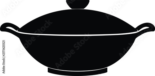 Sleek asian style cooking wok silhouette with wide handles and a low profile dome cover.