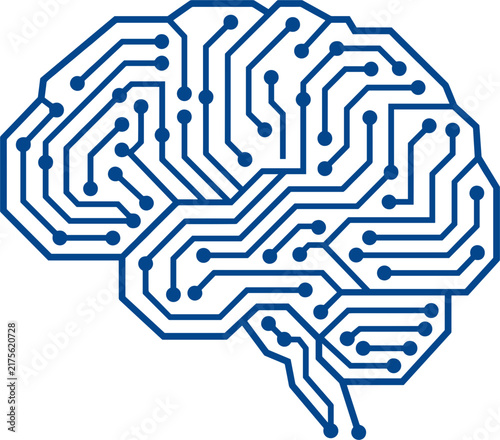Digital human brain icon with blue circuit board lines