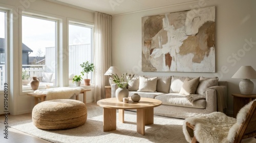 Modern Sunlit Japandi Living Room with Beige Sofa and Round Wooden Coffee Table