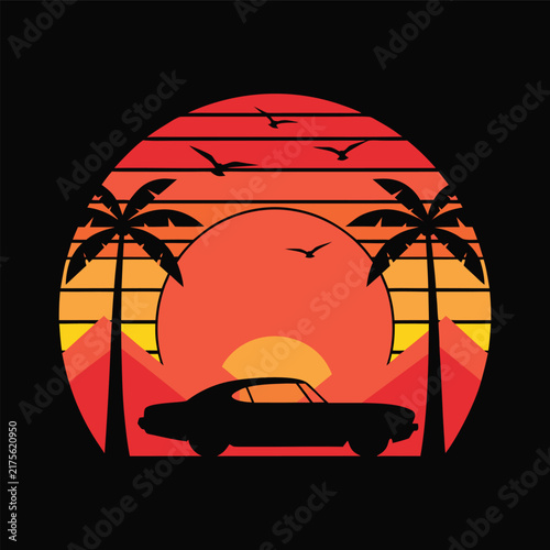  Retro Sunset Road Trip with Palm Trees and Classic Car Silhouette