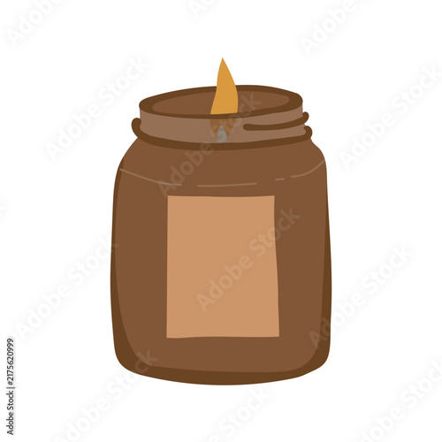 A candle in a dark brown glass jar in autumn colors. A hand-drawn style vector clip art element on a transparent background.