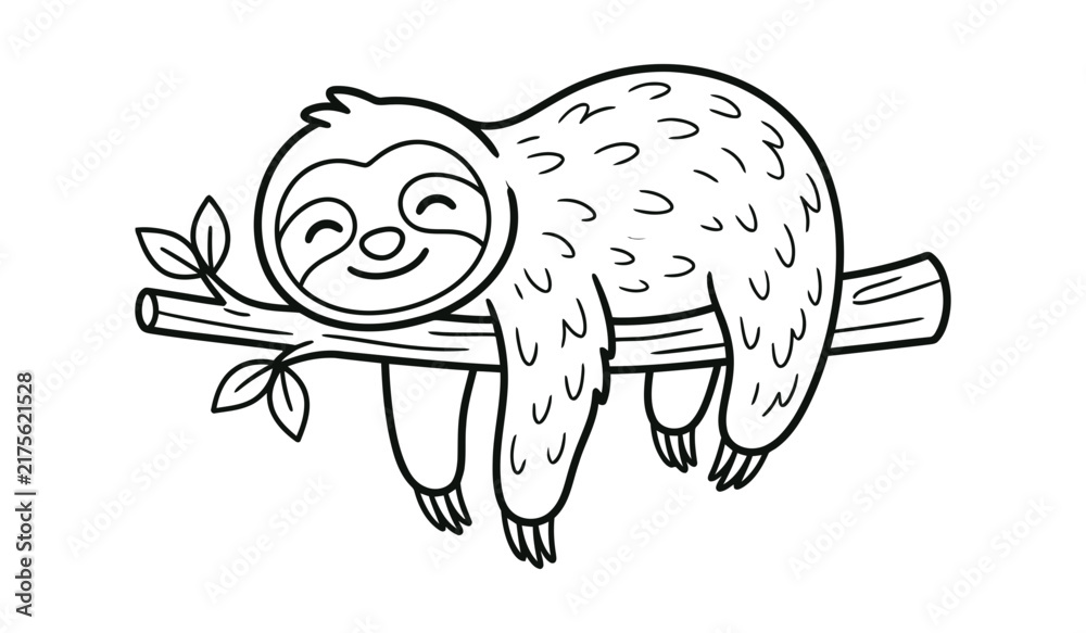Fototapeta premium A cute hand drawn black and white illustration of a happy sloth hanging on a tree branch for coloring book pages