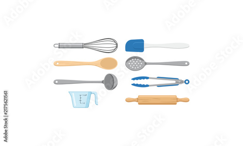 Collection of kitchen utensils and baking tools flat vector illustration set isolated on white background