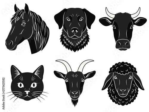 Minimalist Farm and Domestic Animal Head Icon Set - Black Silhouettes of Horse, Dog, Cow, Cat, Goat, and Sheep