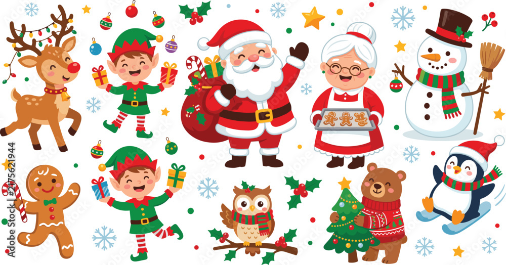 Fototapeta premium Cute Christmas Character Vector Collection featuring Santa Claus Reindeer Elves Snowman and Festive Winter Elements for Holiday Cards Stickers and Greeting Designs
