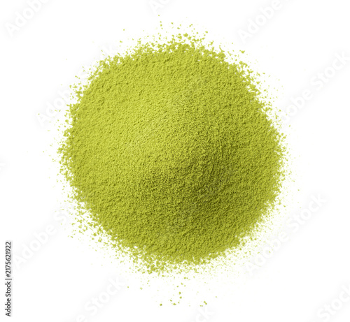 A small pile of matcha powder isolated on white background, top view.