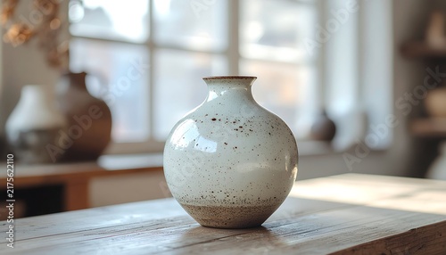 Handmade ceramic vase on wooden table with natural light