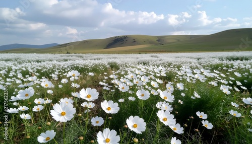 Vast field of white daisies with rolling hills and blue sky