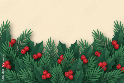 Christmas background with paper cut green pine branches and red holly berries border with copy space