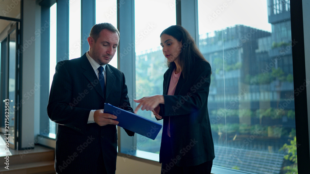 Fototapeta premium Business colleagues discussing work and strategy in meeting room of company