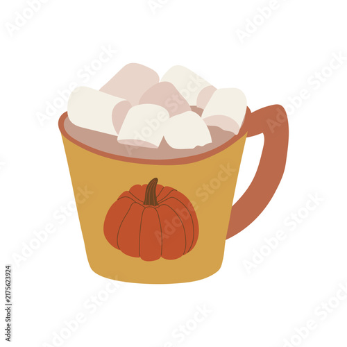  Chocolate with marshmallows in a cup featuring an orange pumpkin in autumn colors. A hand-drawn style vector clip art element on a transparent background.