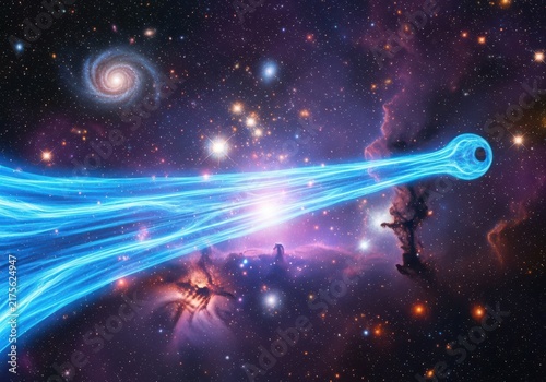 Black hole emitting a bright blue jet of energy, surrounded by a deep space nebula, distant spiral galaxy, and scattered glowing stars