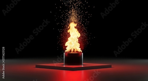 Bright orange flames rising from a cylindrical pedestal on a square platform, isolated against a dark black background, with floating embers