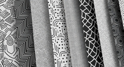 Collection of vertical panels featuring diverse black and white geometric patterns, including zigzags, dots, circles, and grid lines