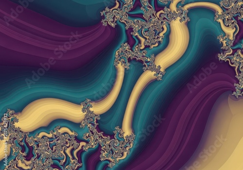 Fractal pattern with flowing curves in shades of deep purple, teal, and pale yellow, featuring intricate, repeating jagged edge details