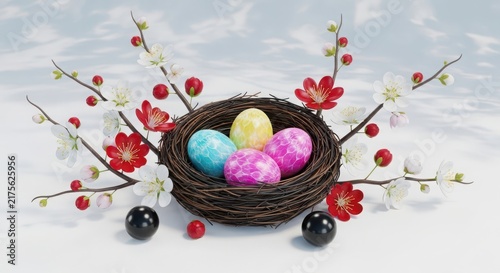 Four patterned easter eggs in a woven twig nest surrounded by blooming white and red cherry blossom branches on a light gray surface