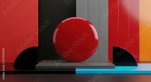 Glossy red sphere centered on a grey platform, surrounded by black, red, and orange vertical panels and geometric shapes in a 3D composition
