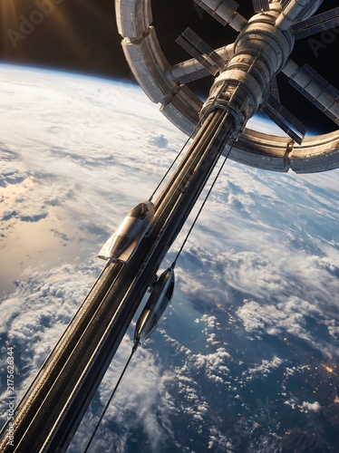 Futuristic space elevator structure extending from a rotating wheel space station high above planet earth atmosphere with futuristic technology orbital station space travel science fiction sci