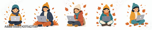Obraz na plátně vector of a little girl sitting on floor playing laptop in autumn vibe