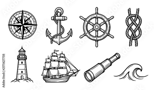 Classic Nautical Symbols Compass Anchor Ship Wheel Maritime Vector Collection