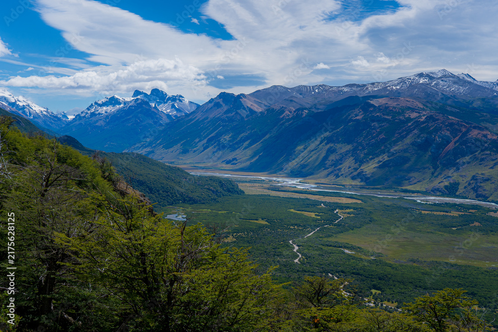 Obraz premium Braided river valley and the town of El Chalten seen from a forested ridge, Patagonia