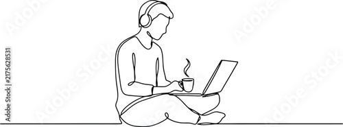 Line art illustration shows a person listening to music with a laptop.
